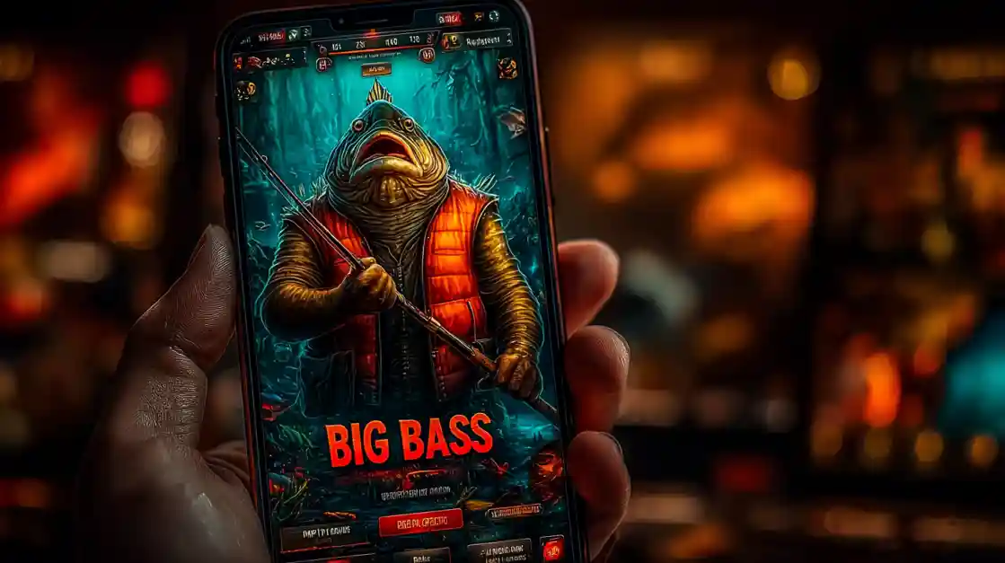 A close-up of a hand holding a smartphone showcasing a BIG BASS fishing game, featuring an anthropomorphic fish character, highlighting the engaging casual games on ck333.