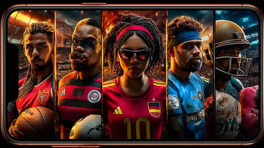 A smartphone screen displays a powerful collage of diverse male and female athletes from various sports, including football and soccer, representing the comprehensive sports betting options at ck333.