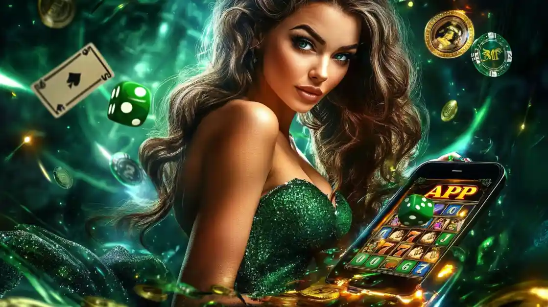 An enchanting woman with flowing hair, adorned in green, gazes captivatingly, surrounded by floating cards, dice, and coins, alongside a smartphone featuring the ck333 gaming app.