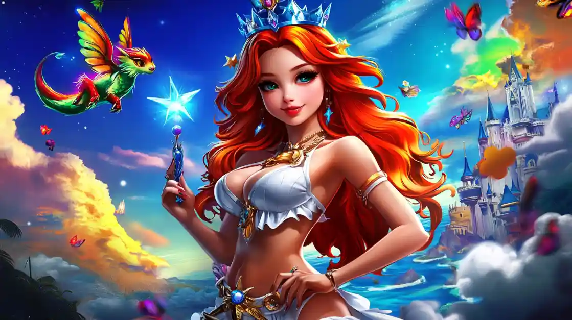 A vibrant fantasy scene featuring a beautiful princess with fiery red hair and a crown, holding a magic wand, with a small winged dragon and a fairytale castle in the background, embodying the magical world of ck333.