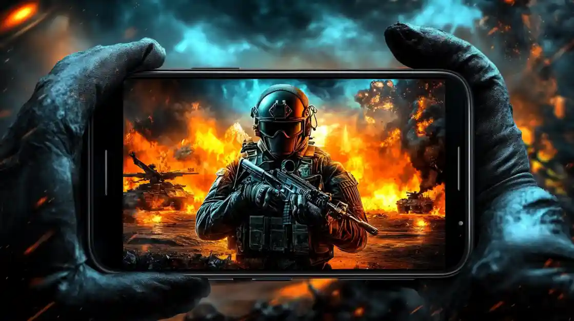 Hands holding a smartphone displaying an intense military shooter game with a soldier amidst explosions and tanks, showcasing the immersive action available on ck333.