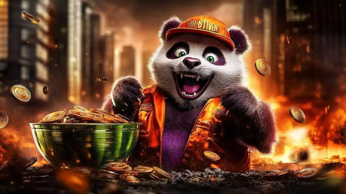 A cheerful panda character wearing an orange cap and jacket, surrounded by golden coins and a bowl of money, symbolizing wealth and good fortune with ck333.