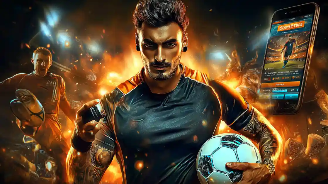 An intense male soccer player with tattoos holds a football, looking confidently at the camera with a ck333 sports betting app on a phone beside him, all set against a fiery action background.