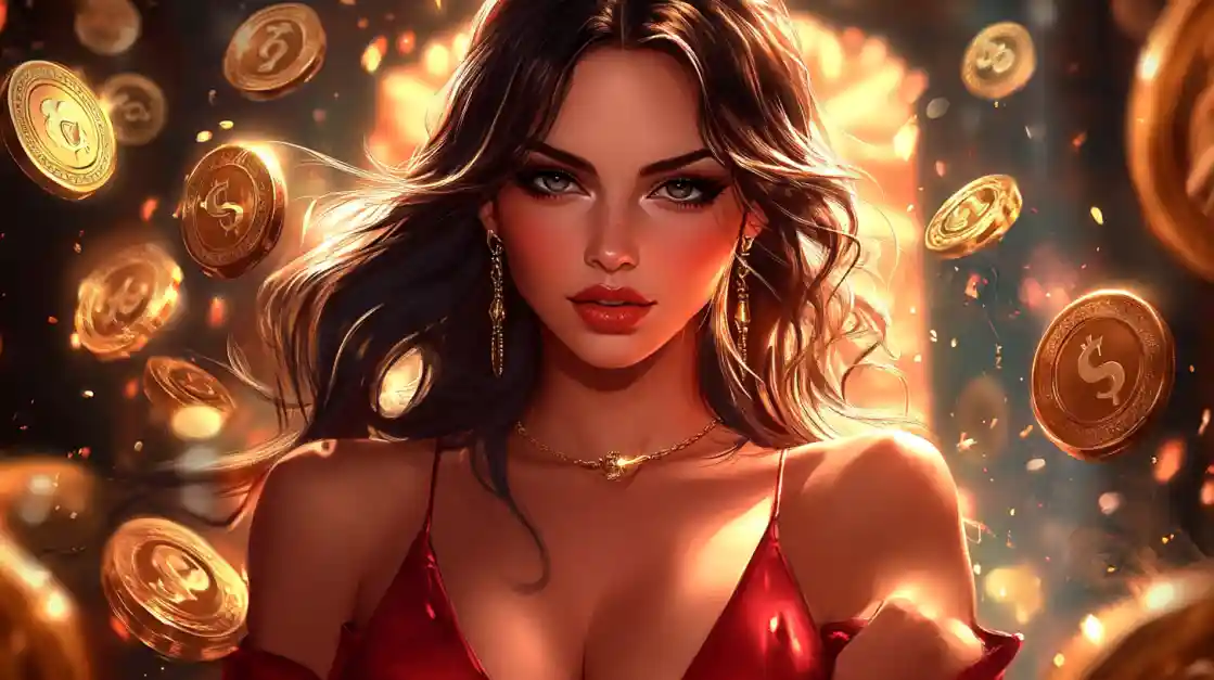 A stunning woman in a red dress, adorned with delicate jewelry, looks directly at the viewer as a shower of golden ck333 coins rains down around her, symbolizing big wins.