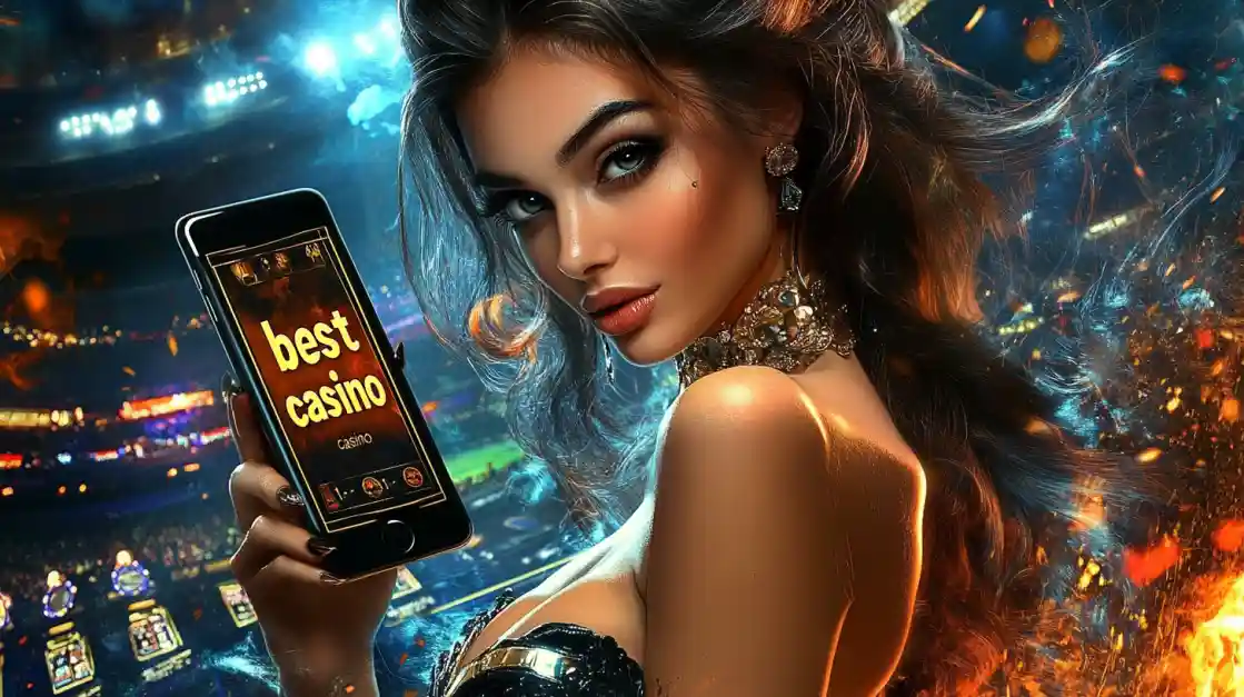 An alluring woman holds a smartphone with the best casino app from ck333 glowing on the screen, set against the backdrop of a brightly lit stadium and ambient flames.