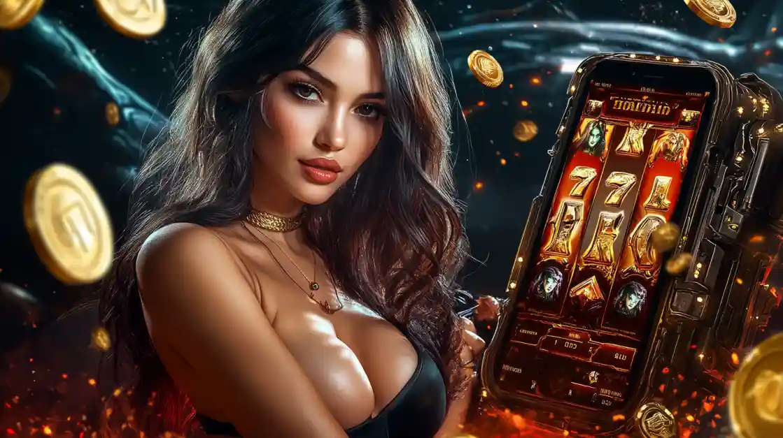 A beautiful woman in a black top looks confidently at the viewer while holding a smartphone displaying a ck333 mobile slot game with 777 symbols and golden coins.