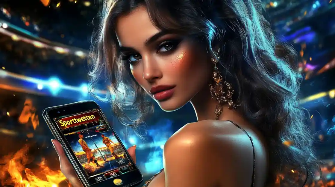 A glamorous woman with elegant makeup looks over her shoulder, holding a smartphone displaying the ck333 sports betting app against a vibrant stadium backdrop with fire effects.